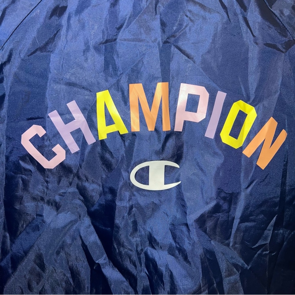 Champion Navy Blue Button Up Coaches Cropped Jacket Multi Logo - Picture 11 of 13